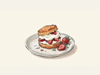 Shortcake individual abierto con fresas y nata sobre un plato.