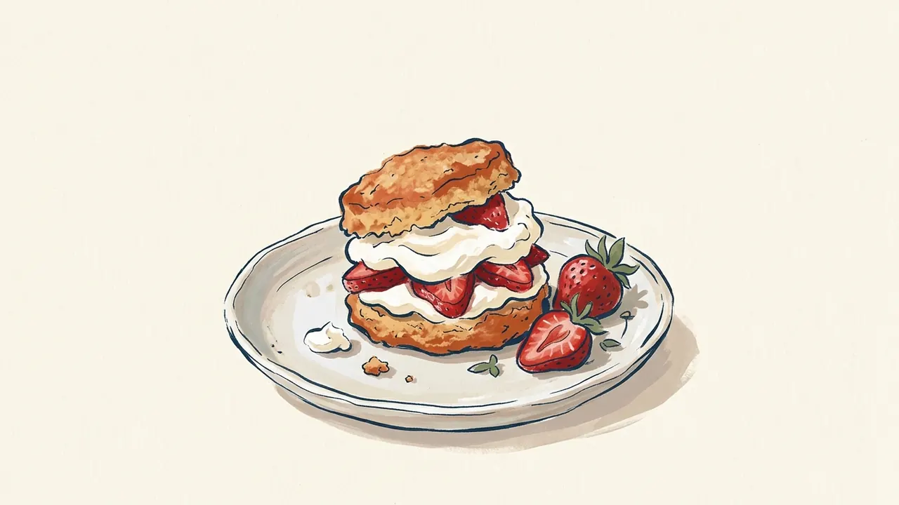 Shortcake individual abierto con fresas y nata sobre un plato.