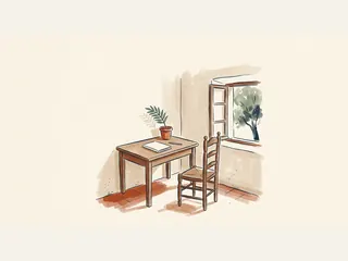Mesa de madera con cuaderno y maceta, silla vacía y ventana abierta en una estancia sencilla.