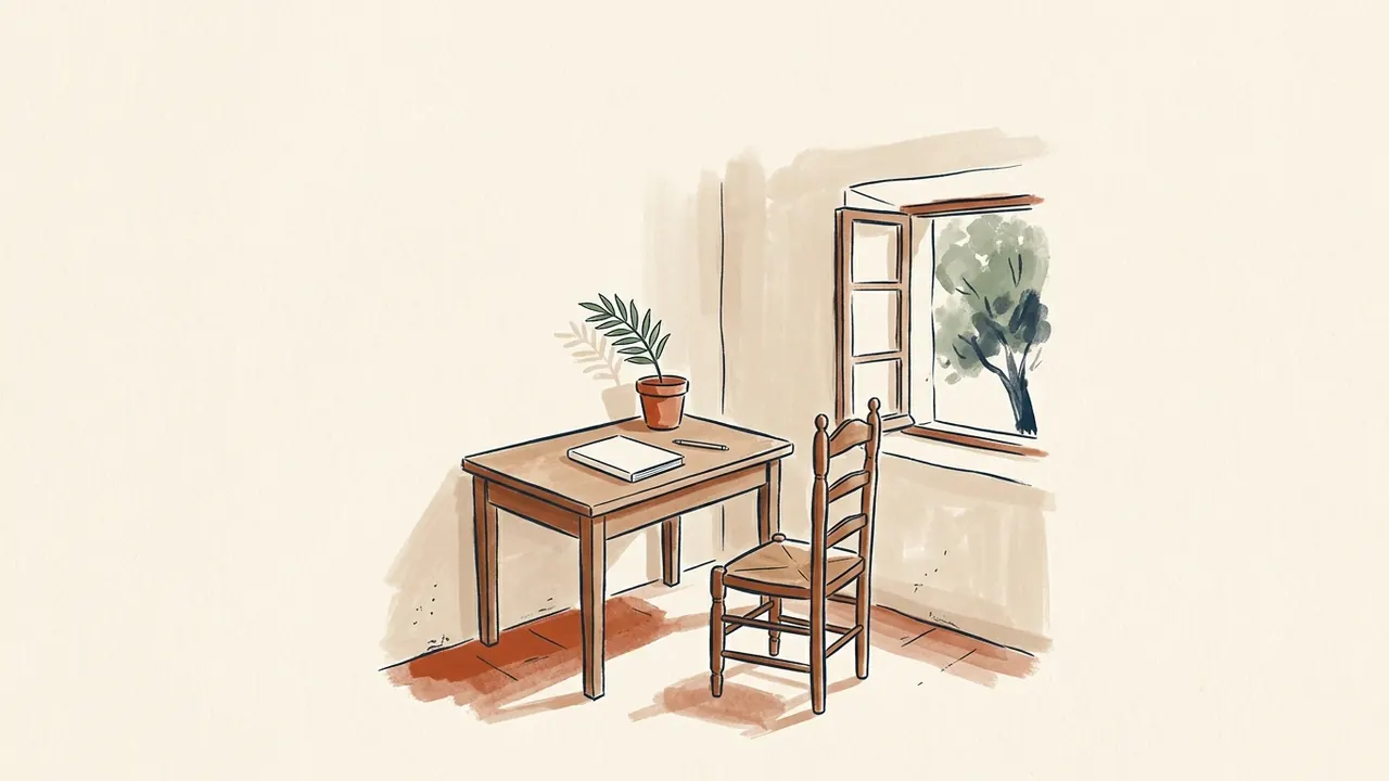 Mesa de madera con cuaderno y maceta, silla vacía y ventana abierta en una estancia sencilla.