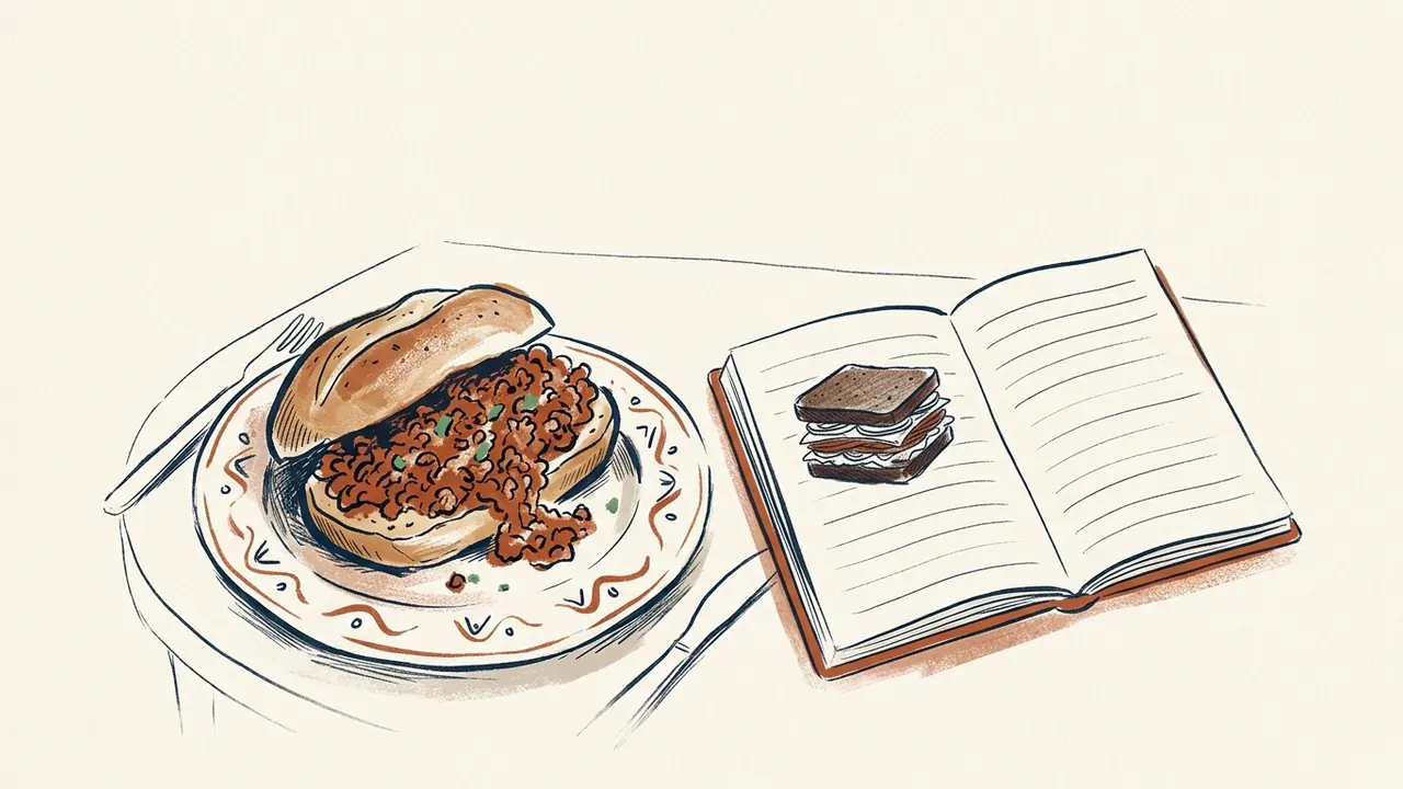 Un panecillo de carne picada en salsa aparece junto a un cuaderno con la variante de sándwich de centeno.