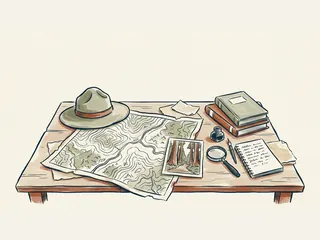 Sombrero histórico, mapa y una ilustración de un bosque sobre una mesa de archivo.