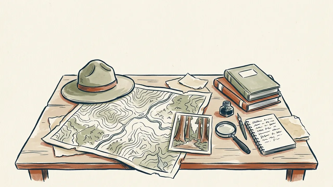 Sombrero histórico, mapa y una ilustración de un bosque sobre una mesa de archivo.
