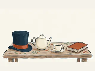 Sombrero de copa azul junto a una tetera, una taza y un libro cerrado.
