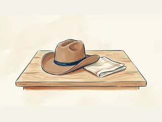 Sombrero de fieltro marrón con cinta azul sobre una mesa de madera junto a una tela plegada.