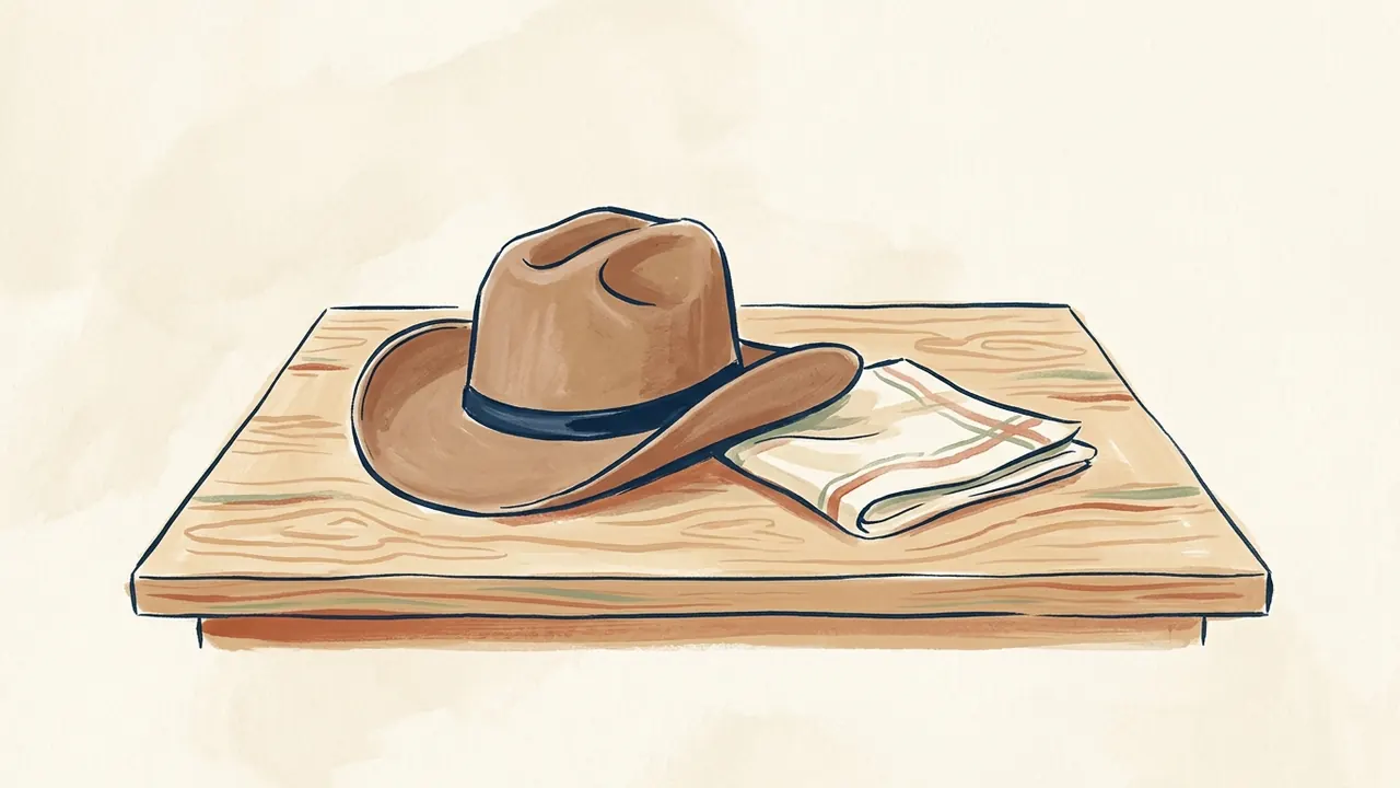 Sombrero de fieltro marrón con cinta azul sobre una mesa de madera junto a una tela plegada.
