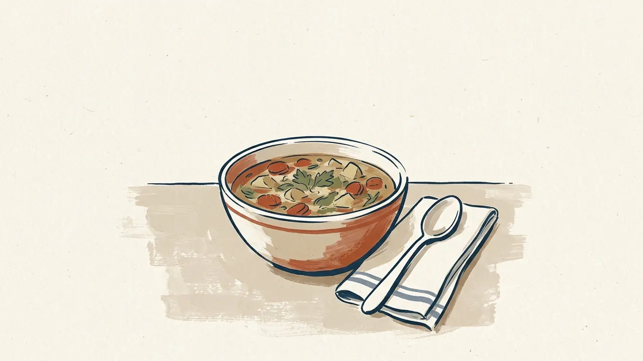 Un cuenco de sopa de verduras junto a una cuchara sobre una servilleta.