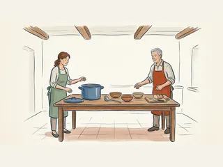 Dos adultos con delantal preparan una mesa con una olla de sopa y tres cuencos.