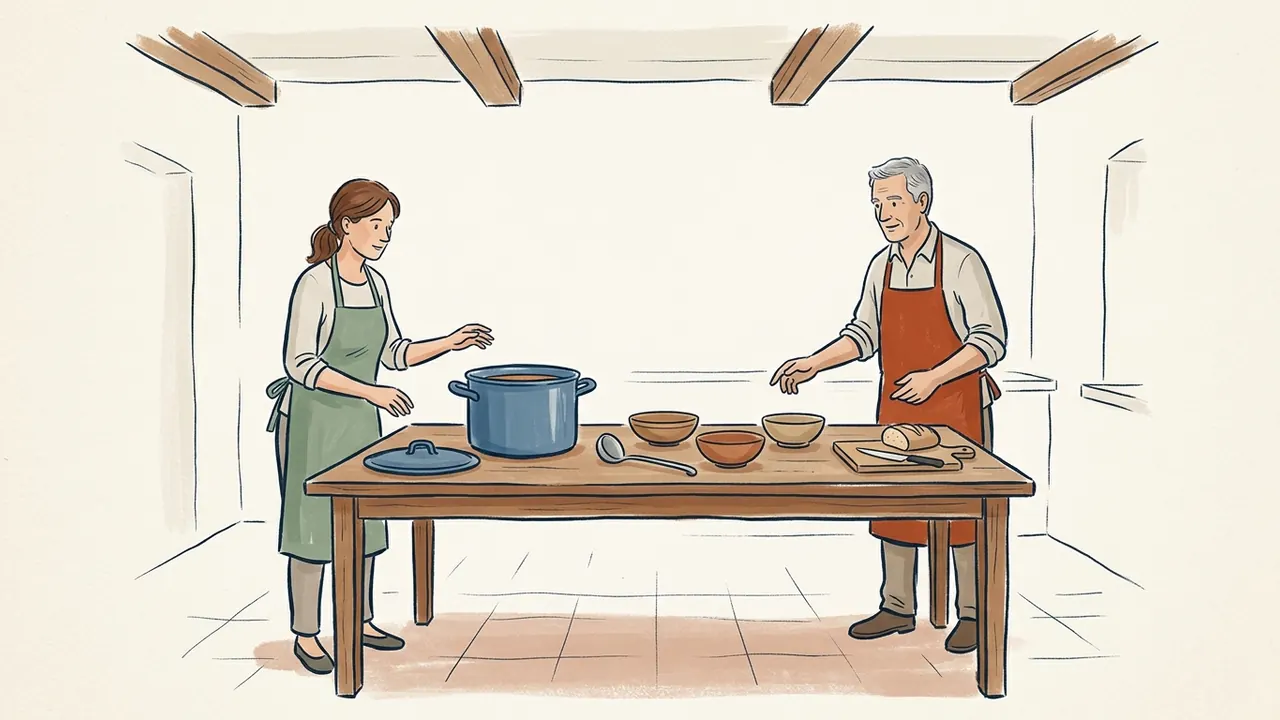 Dos adultos con delantal preparan una mesa con una olla de sopa y tres cuencos.