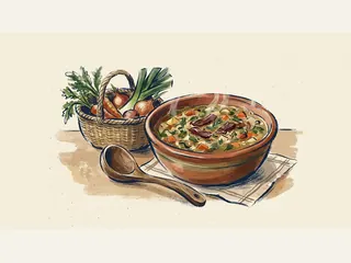 Un cuenco de sopa con verduras y pequeños trozos cocinados se acompaña de una cuchara de madera y una cesta de hortalizas.