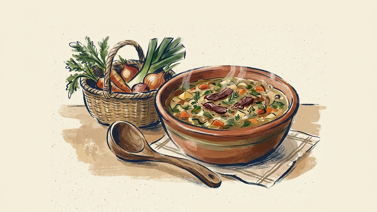 Un cuenco de sopa con verduras y pequeños trozos cocinados se acompaña de una cuchara de madera y una cesta de hortalizas.