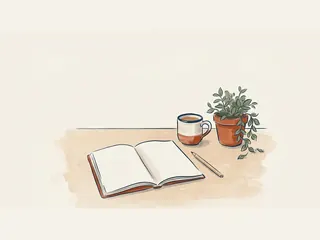 Cuaderno abierto sin texto, lápiz, taza y planta sobre una mesa.