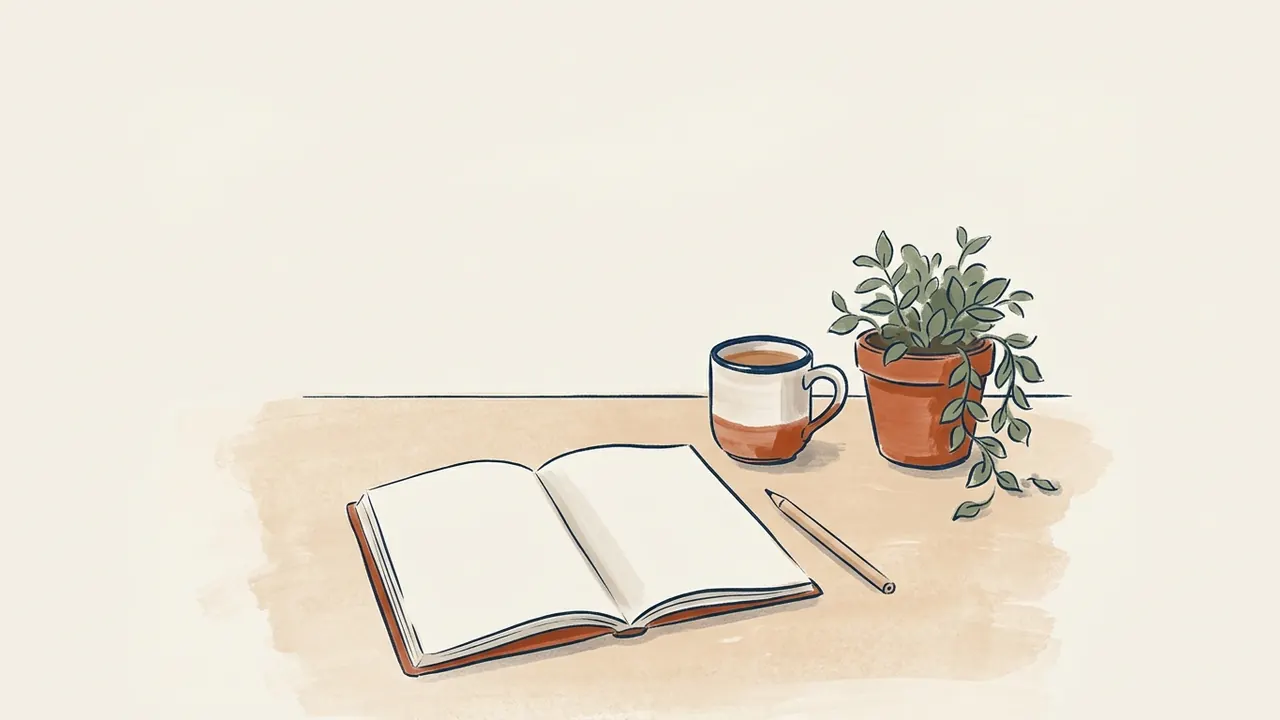 Cuaderno abierto sin texto, lápiz, taza y planta sobre una mesa.