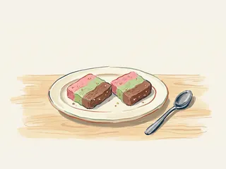 Dos porciones de spumoni de cereza, pistacho y chocolate en un plato con una cucharilla.