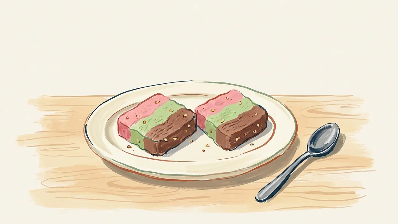 Dos porciones de spumoni de cereza, pistacho y chocolate en un plato con una cucharilla.