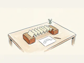 Maqueta de puente de papel plegado entre dos bloques, con un boceto y un lápiz.