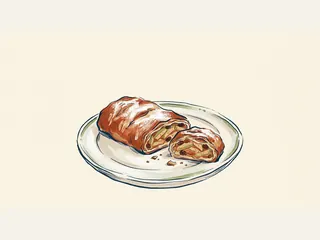 Ilustración de strudel de manzana y una porción cortada sobre un plato.