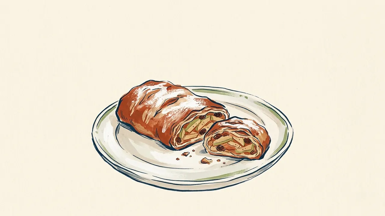 Ilustración de strudel de manzana y una porción cortada sobre un plato.