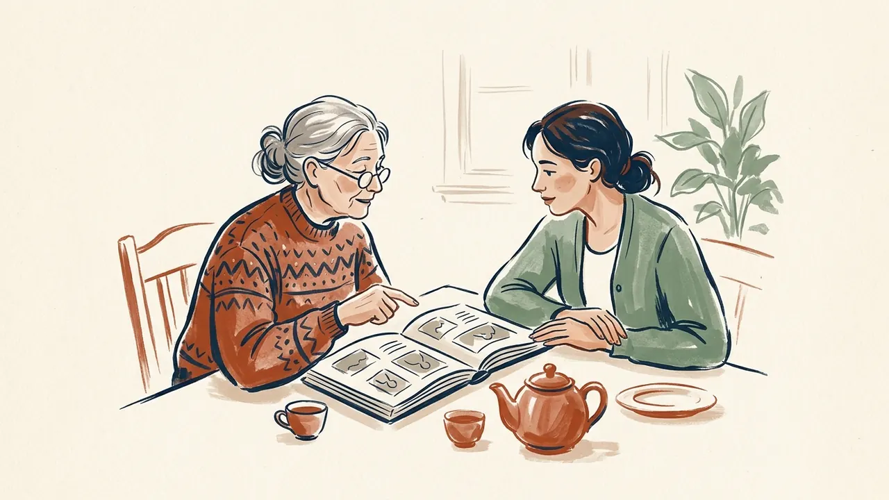 Dos mujeres de distintas generaciones conversan mientras miran un álbum en una mesa con té.