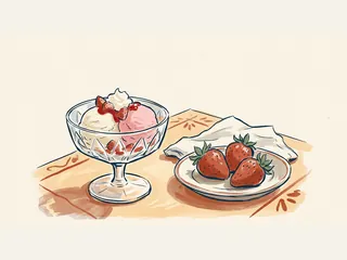 Copa de helado con fresas, salsa y nata, junto a un plato con tres fresas.