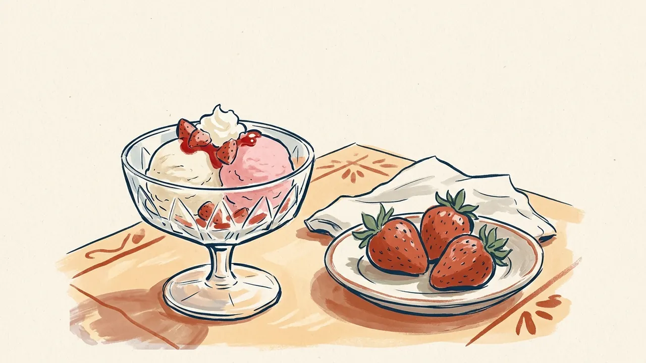 Copa de helado con fresas, salsa y nata, junto a un plato con tres fresas.