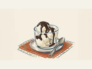 Copa de helado con salsa oscura de chocolate y una cuchara.