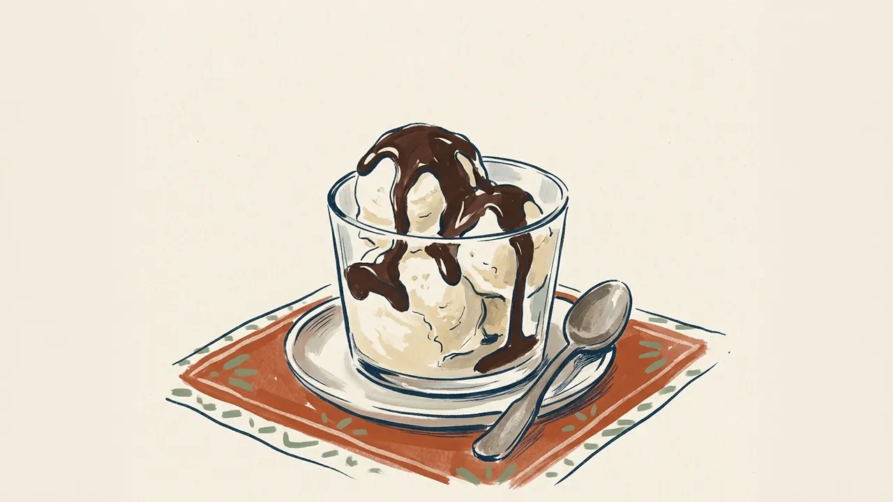 Copa de helado con salsa oscura de chocolate y una cuchara.