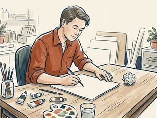 Una persona comienza un nuevo dibujo junto a una bola de papel arrugado.