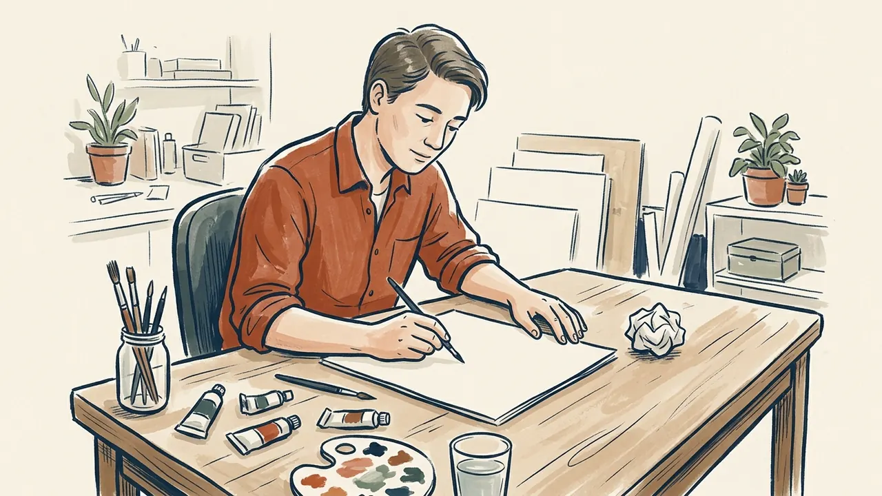Una persona comienza un nuevo dibujo junto a una bola de papel arrugado.