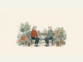 Ilustración de dos mujeres conversando sentadas en un banco rodeado de plantas.