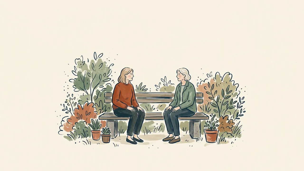 Ilustración de dos mujeres conversando sentadas en un banco rodeado de plantas.