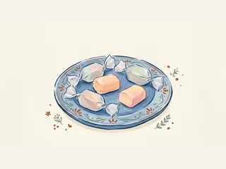 Caramelos taffy de colores suaves sobre un plato azul.