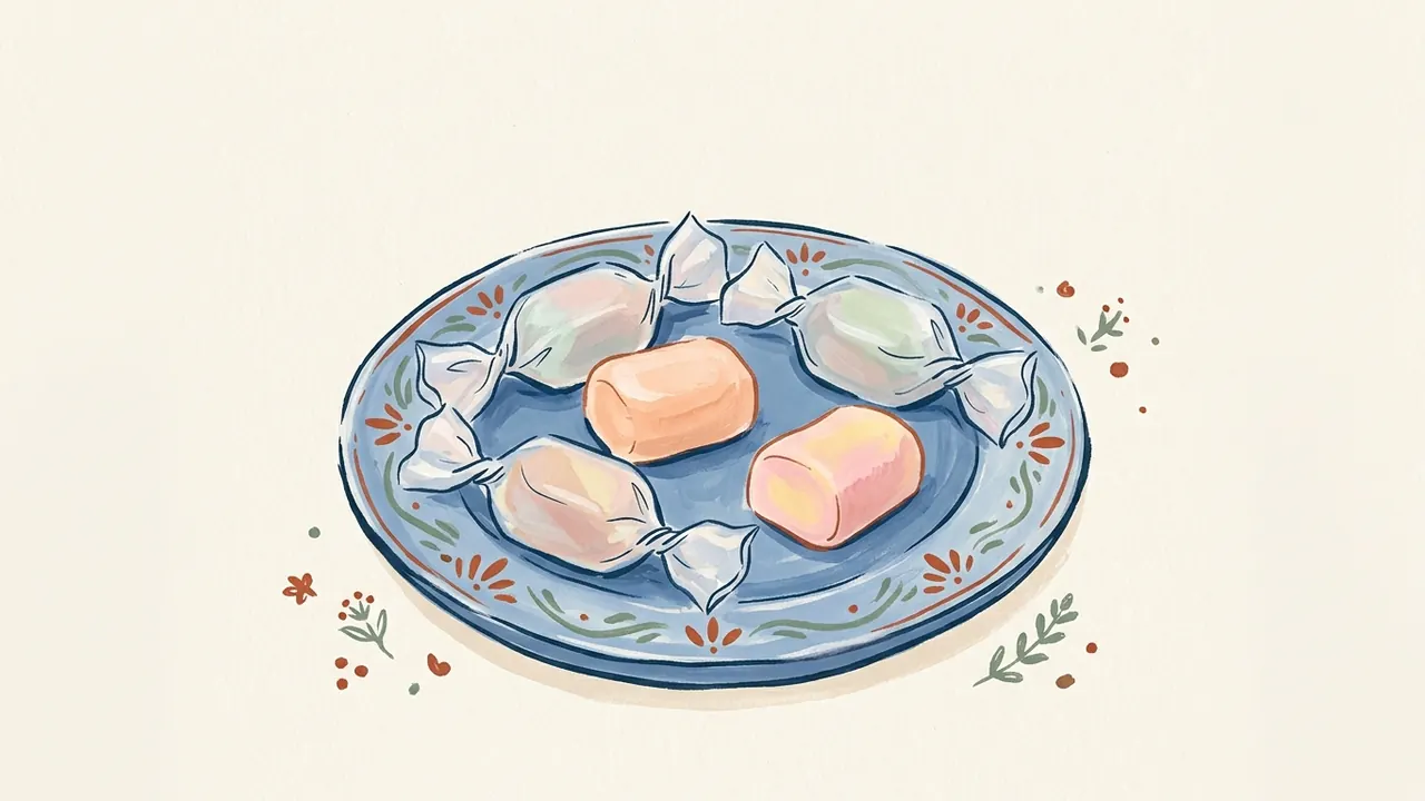 Caramelos taffy de colores suaves sobre un plato azul.