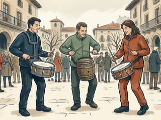 Tres personas tocan dos tambores y un barril de madera en una plaza ficticia durante el invierno.