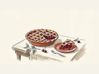 Tarta de cerezas con cubierta de tiras de masa y una porción servida.