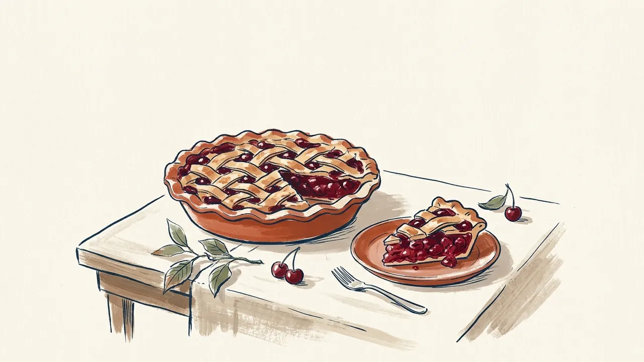 Tarta de cerezas con cubierta de tiras de masa y una porción servida.