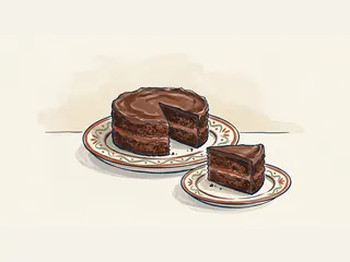 Tarta de chocolate con una porción separada en un plato pequeño.