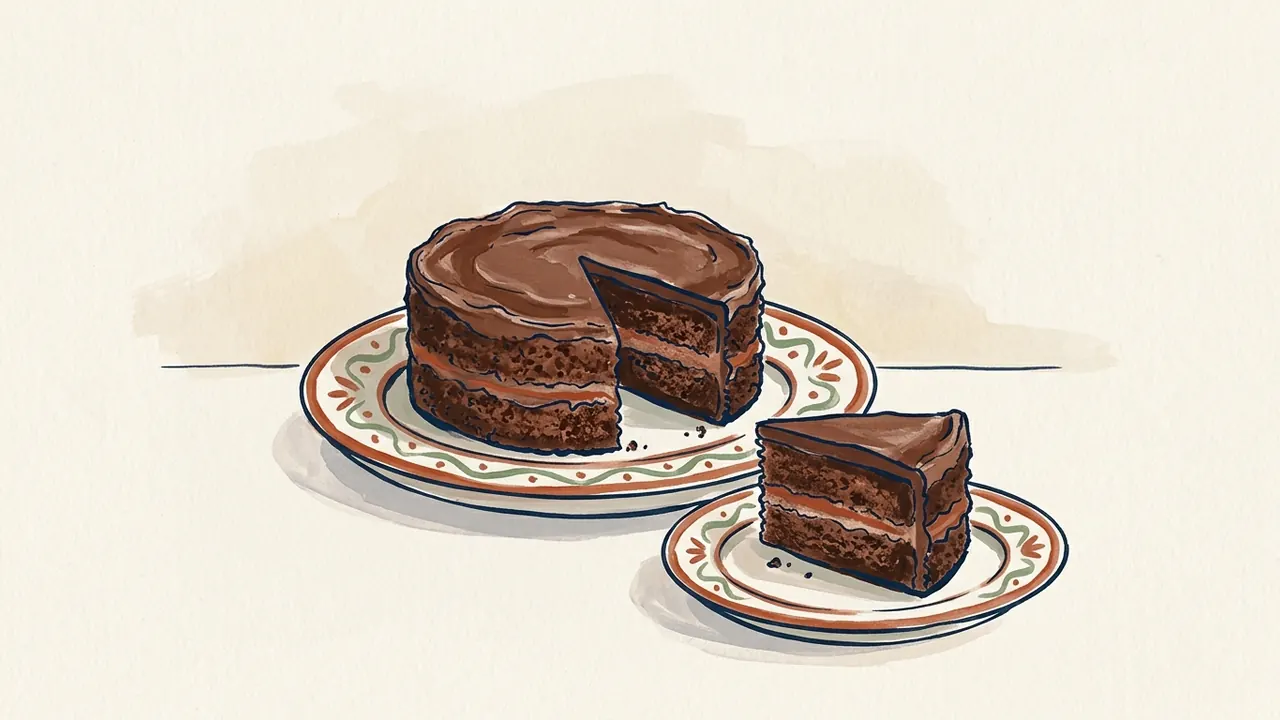 Tarta de chocolate con una porción separada en un plato pequeño.