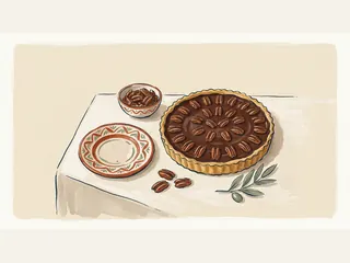 Tarta de chocolate con pacanas, cuenco de frutos secos y cerámica sobre un mantel claro.