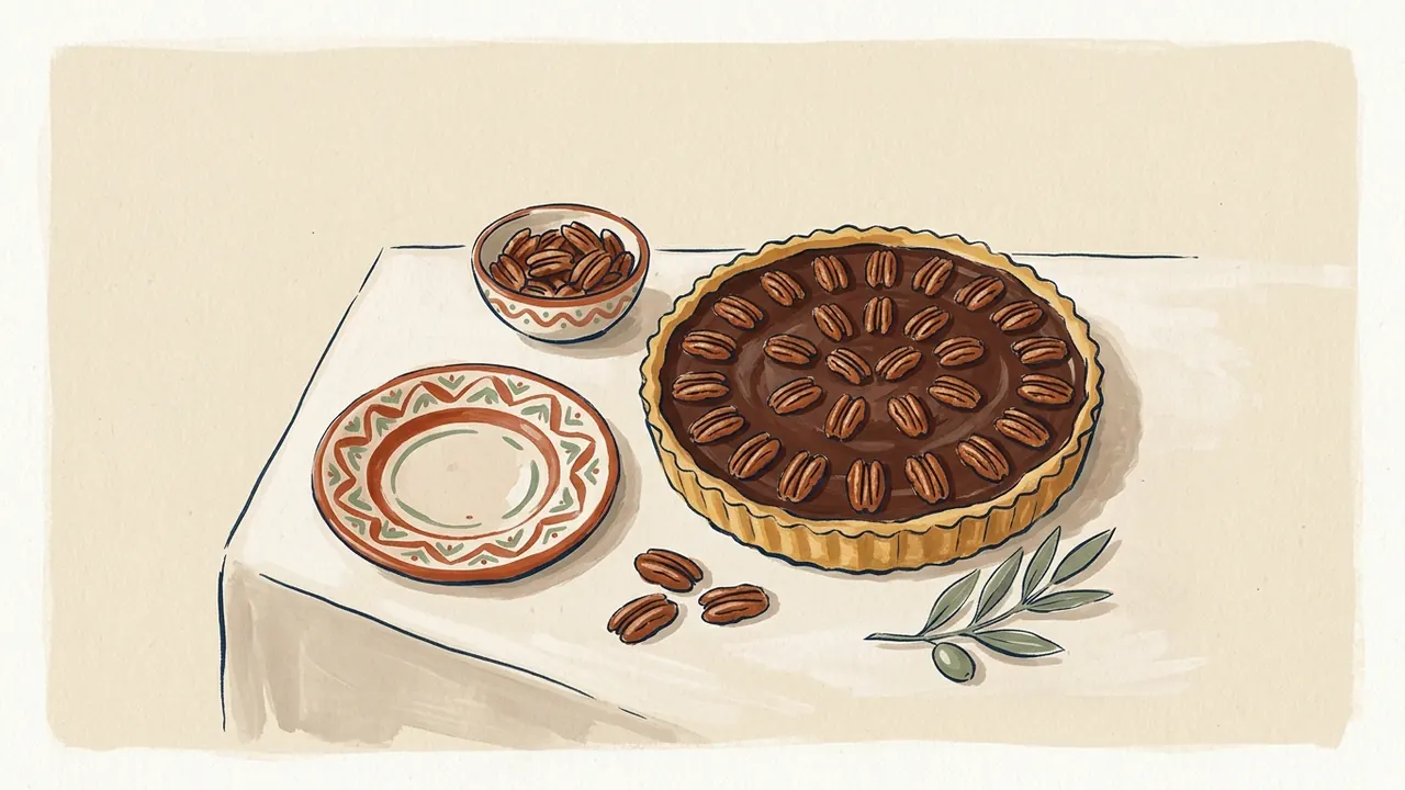 Tarta de chocolate con pacanas, cuenco de frutos secos y cerámica sobre un mantel claro.