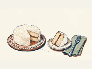 Tarta cubierta de coco rallado y una porción en otro plato, junto a un tenedor y una servilleta.
