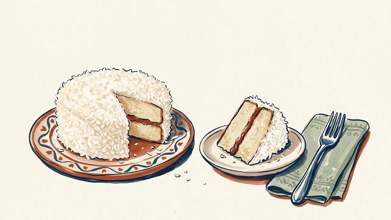 Tarta cubierta de coco rallado y una porción en otro plato, junto a un tenedor y una servilleta.
