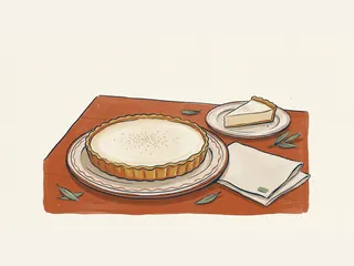 Tarta de relleno cremoso sobre un plato y una porción en otro plato, junto a una servilleta.