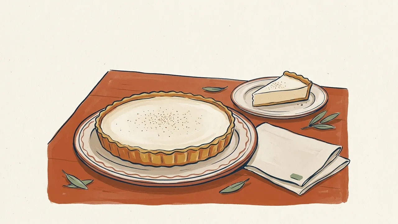 Tarta de relleno cremoso sobre un plato y una porción en otro plato, junto a una servilleta.