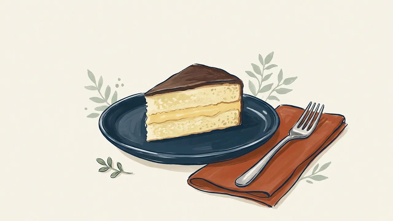 Porción de Boston cream pie con dos capas de bizcocho, crema central y chocolate encima.