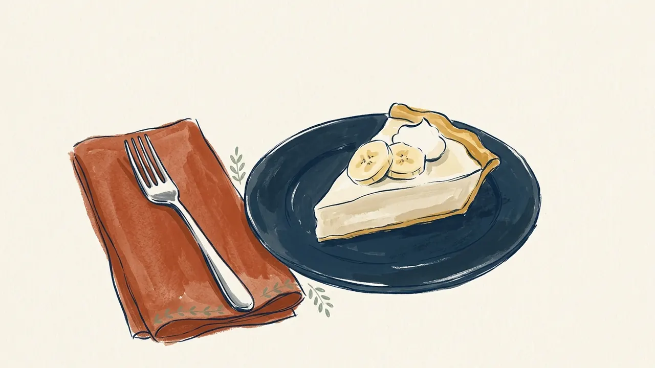Porción de tarta de crema de plátano con dos rodajas y nata en un plato azul.