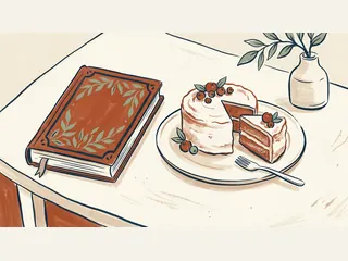 Una tarta de capas con fruta y una porción separada junto a un recetario cerrado.