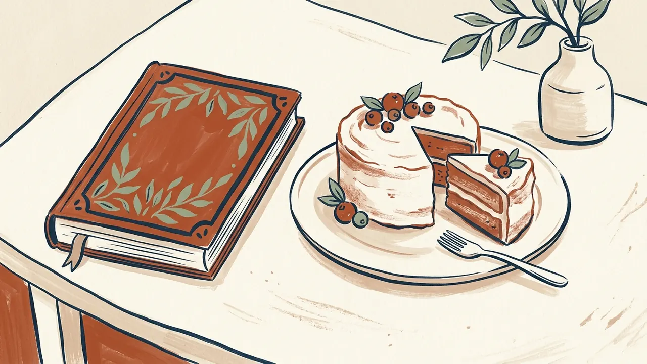 Una tarta de capas con fruta y una porción separada junto a un recetario cerrado.
