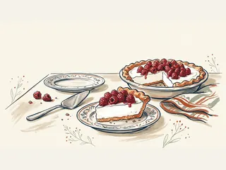 Porción de tarta de crema con frambuesas junto al resto de la tarta.