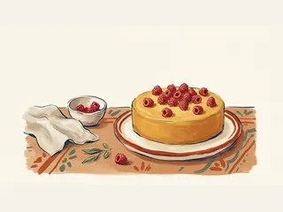 Tarta redonda decorada con frambuesas sobre un plato, junto a un cuenco de fruta y una servilleta.